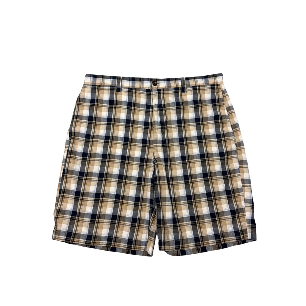 Chaps Mens Plaid Flat Front Cotton Shorts Tan Navy Blue White Size 36